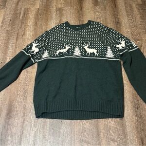 Old Navy Dark Green Crewneck Sweater with Reindeer Design